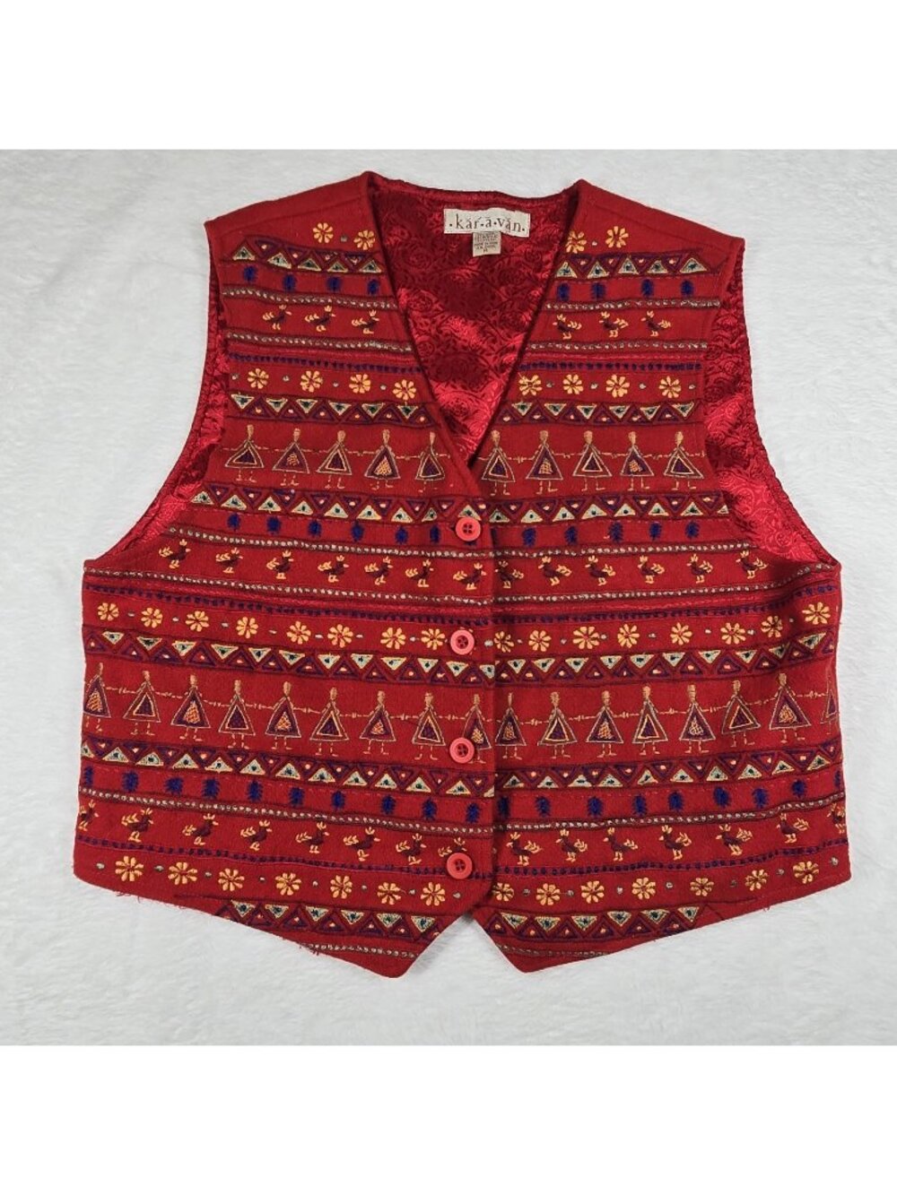 kar*a*van - ETHNIC POLK-ART PEOPLE/CHICKEN RED WOOL BUTTON-FRONT VEST - MISSES M